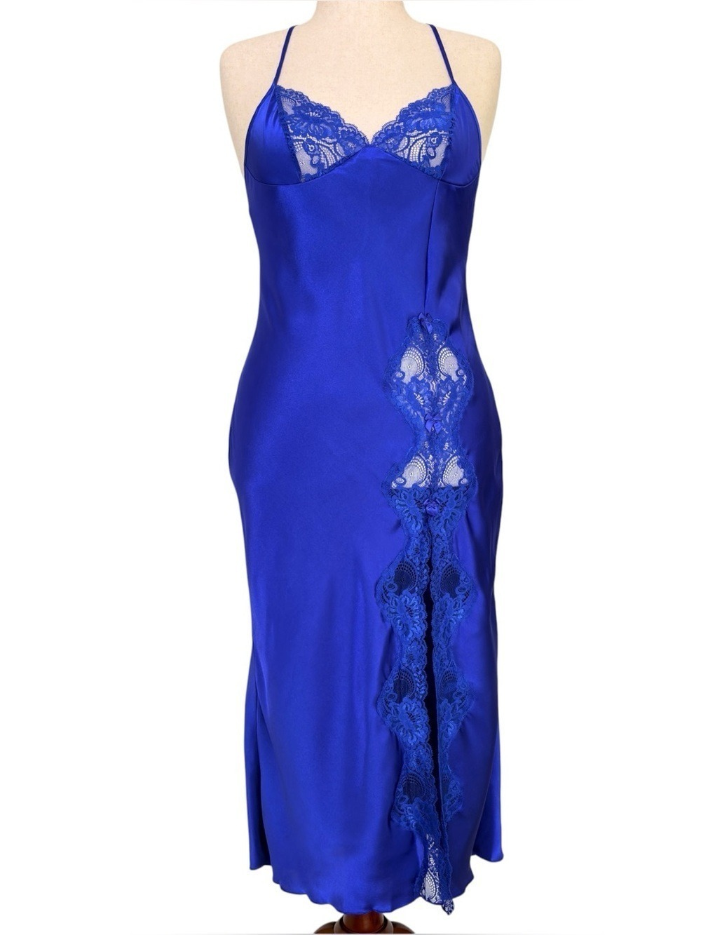 Shirley of Hollywood Maxi Satin Lace Side Slip Dress M Fairy, Romantic, Hot Blue - Picture 11 of 13
